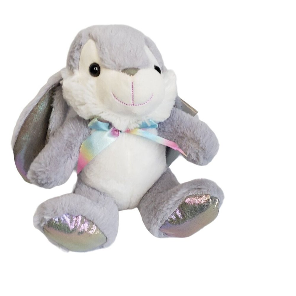 Walmart Lop Eared Gray Rabbit Rainbow Bow 11" Plush Stuffed Animal